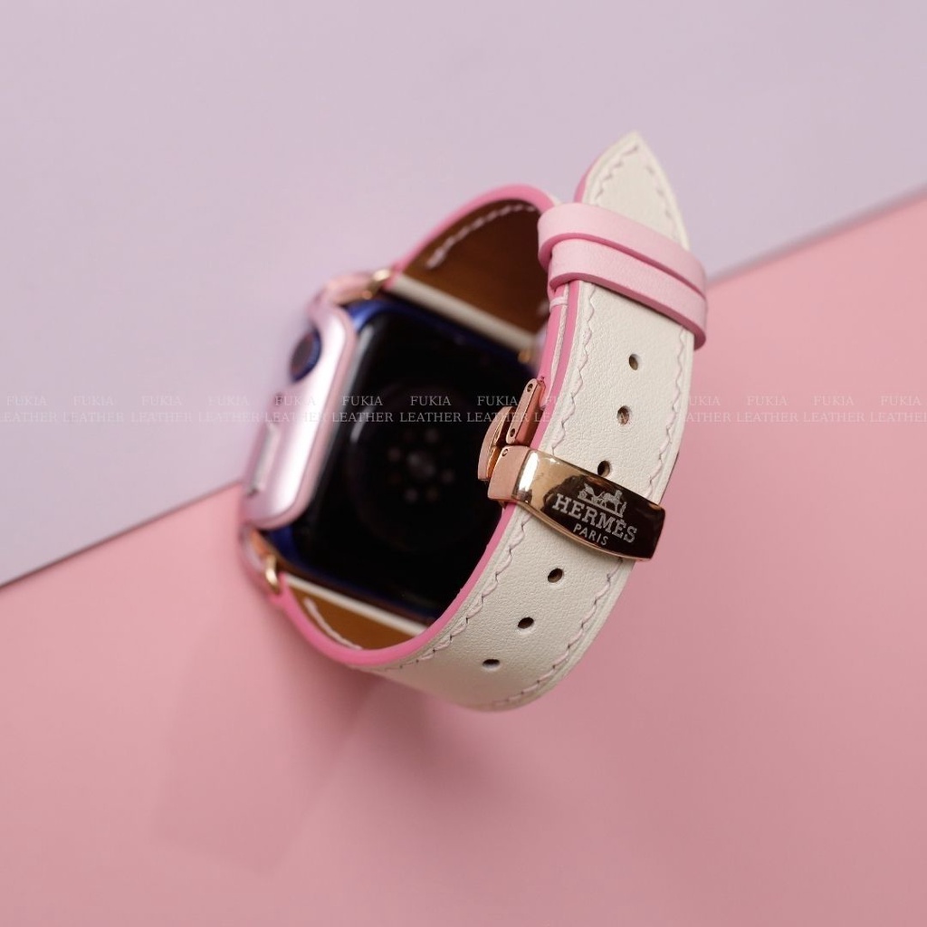 Dây da thủ công Swift Trắng Viền Hồng dành cho Apple Watch, đồng hồ thông minh, đồng hồ cơ