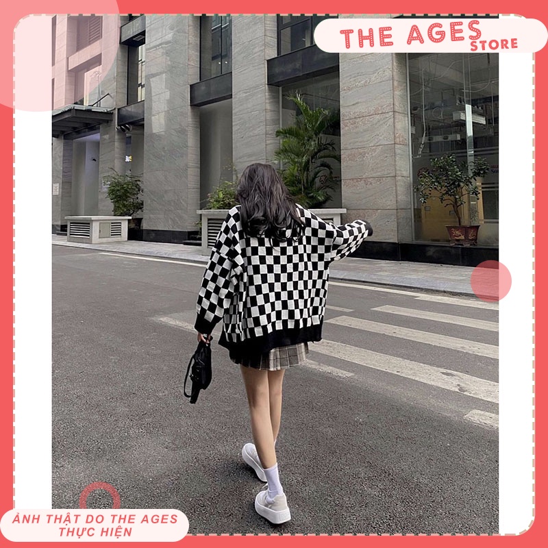 Áo cardigan len dày họa tiết sọc caro, Áo khoác len nữ form rộng 100% được may từ len mềm mịn, dày dặn THE AGES | BigBuy360 - bigbuy360.vn
