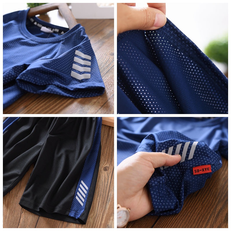 Set đồ thể thao hai món gồm áo thun tay ngắn dáng rộng kèm quần short vải mỏng nhanh khô thời trang mùa hè cho bé trai