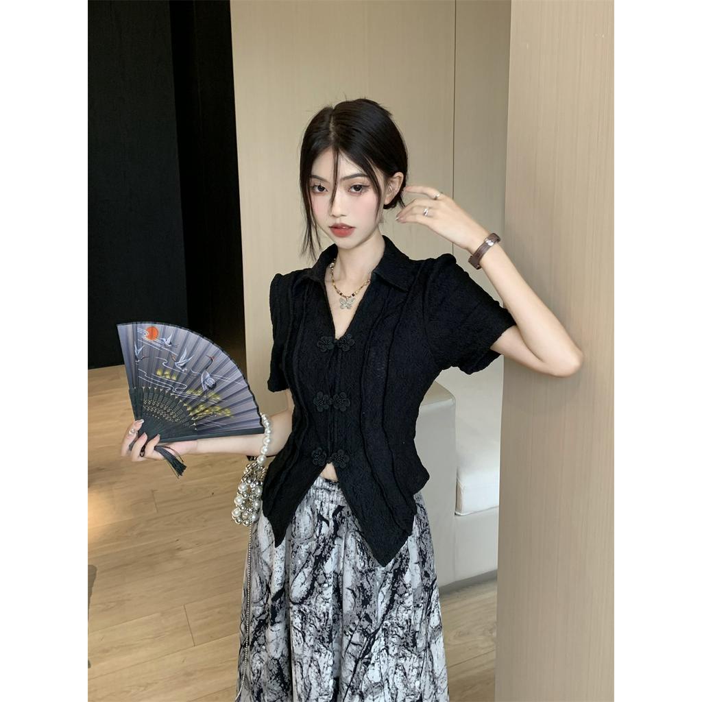 Đầm Sơ Mi Cổ Mép Lật Eo Cao Ngắn Tay Phong Cách Retro 63360