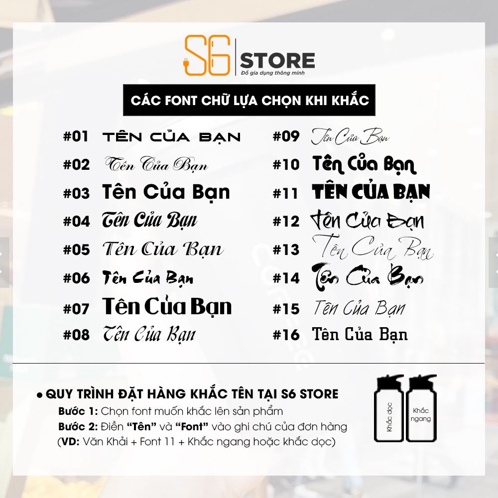 Bình giữ nhiệt 500ml S6 đẹp có khắc tên lõi INOX 304 cao cấp giữ nhiệt tới 8 tiếng chống tràn có cốc uống