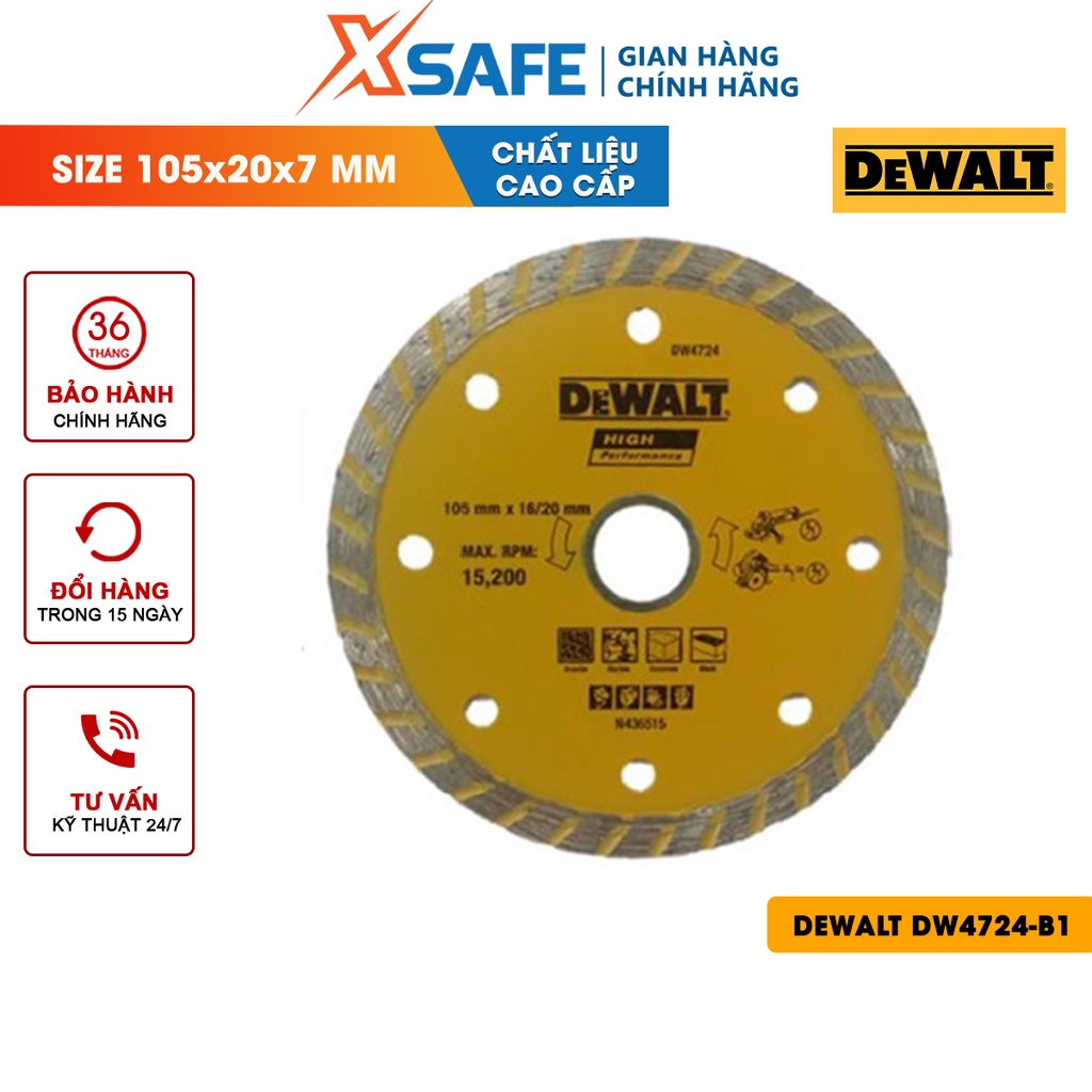 Đĩa cắt ướt và khô DEWALT DW4724-B1 105x20x7mm công nghệ Mỹ Lưỡi cắt DeWalt đường kính lưỡi cắt 105mm, dùng cắt gạch