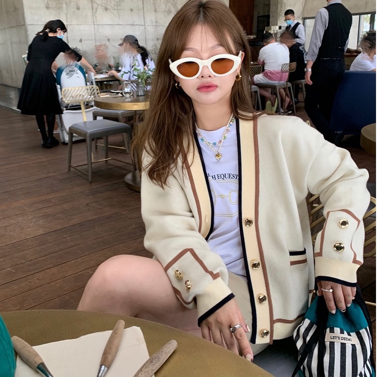 Áo Khoác Cardigan Dệt Kim Mỏng Dáng Rộng Cổ Chữ V Màu Sắc Tương Phản Phong Cách Hàn Quốc