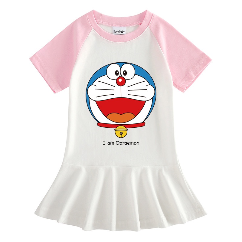 Đầm Tay Ngắn In Hình Doraemon Phối Màu Xinh Xắn Thời Trang Cho Bé Gái