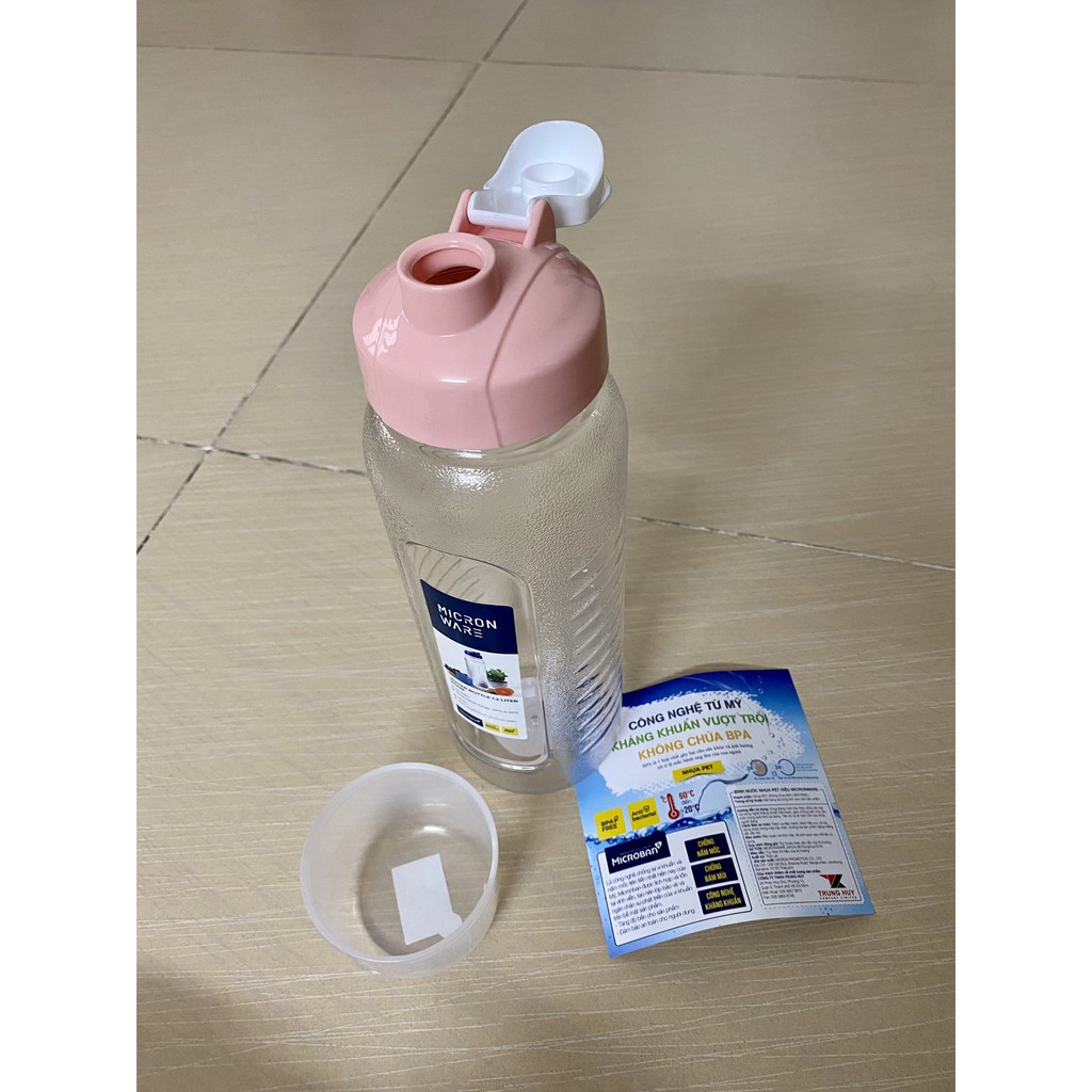 BÌNH NƯỚC NHỰA ĐẸP 1.2L MICRON WARE, loại lớn 1.2 lit, chai chứa nước đem theo đi học, water bottle, thể thao đi làm