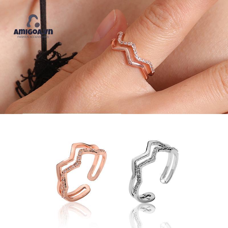 Nhẫn Hai Lớp Họa Tiết Gợn Sóng Đính Đá Zircon Thời Trang Bắt Mắt