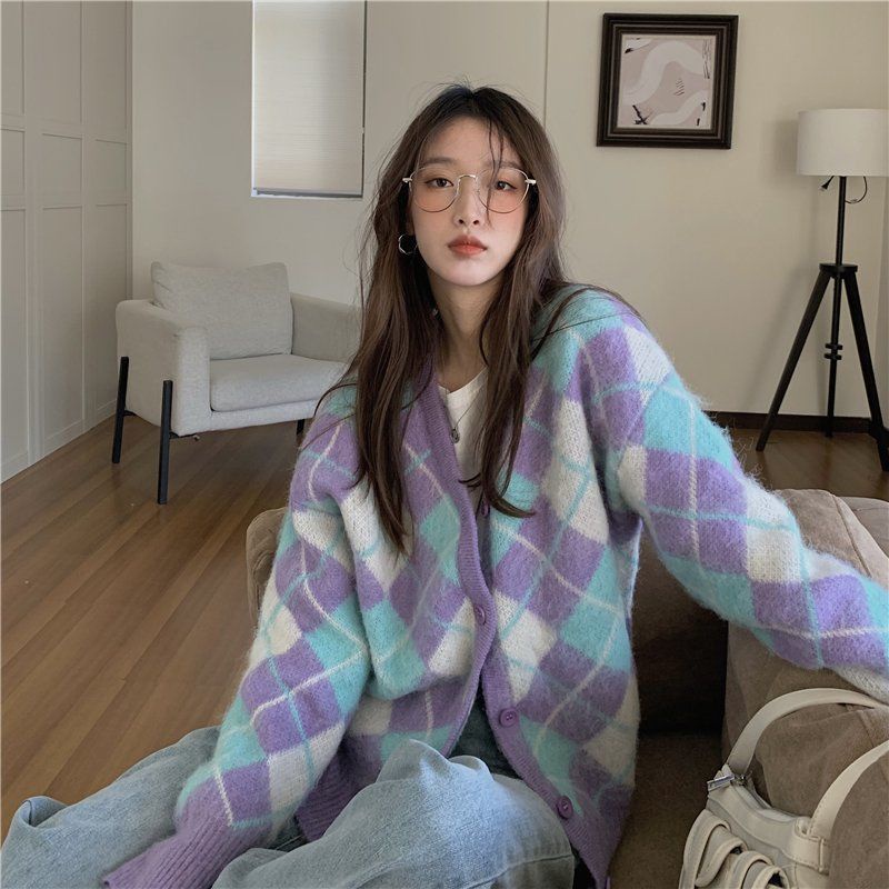 Áo Khoác Cardigan Dệt Kim Vải Nhung Màu Tím Phong Cách Hàn Quốc Mới 2021