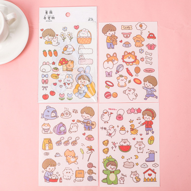 Set 4 tấm sticker cute thỏ xinh cùng các đồ dùng trong cuộc sống, hình dán sticker dễ thương