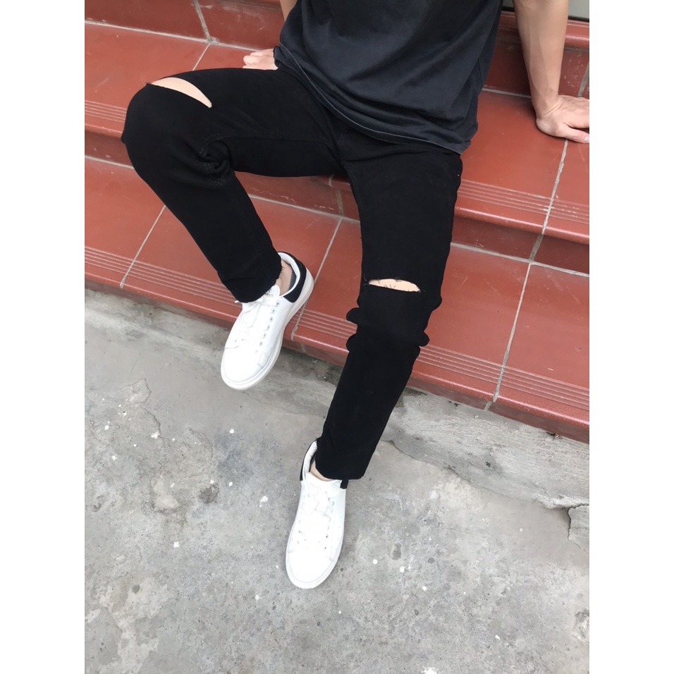 Quần Jean Nam Rách Gối Màu Đen Vải Co Giãn, Không Phai Màu Dáng Skinny Phong Cách Hàn Quốc -J02 | BigBuy360 - bigbuy360.vn