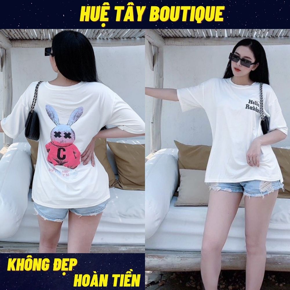 [Mã FAMARAL1 giảm 10K đơn 50K] Áo thun nữ, áo thun nữ from rộng hello Rabit màu trắng hoạ tiết gấu cute SKUA-49