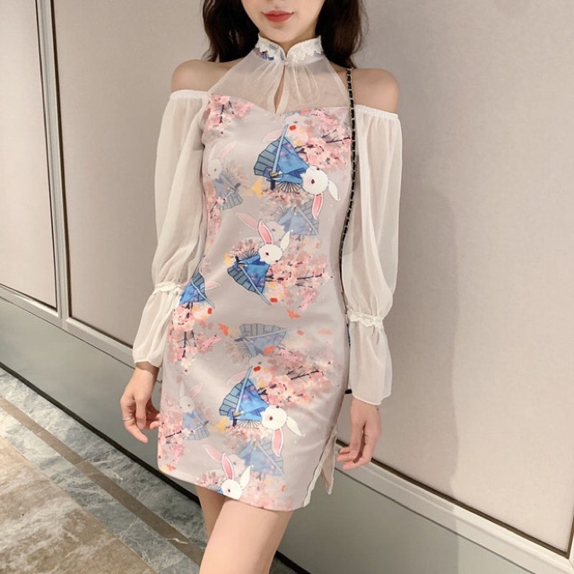 (ORDER) Sườn xám hở vai họa tiết thỏ hoa (mẫu 1 chất vải co dãn) | BigBuy360 - bigbuy360.vn
