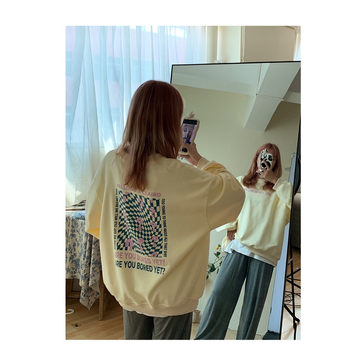 Áo sweater PEWARN cổ tròn tay dài dáng rộng in họa tiết caro màu tím phong cách Hàn Quốc thời trang mùa thu cho nữ