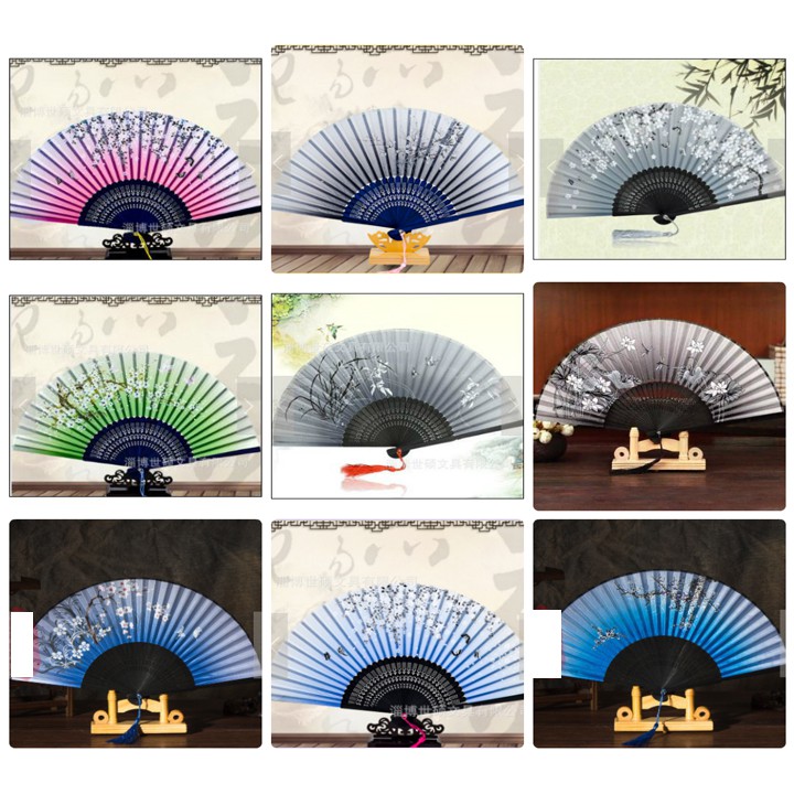 ( 50 ) Quạt cổ trang dây tuyến xám đào xanh cây quạt xếp cầm tay phong cách Trung Quốc phong cách cổ trang cổ điển