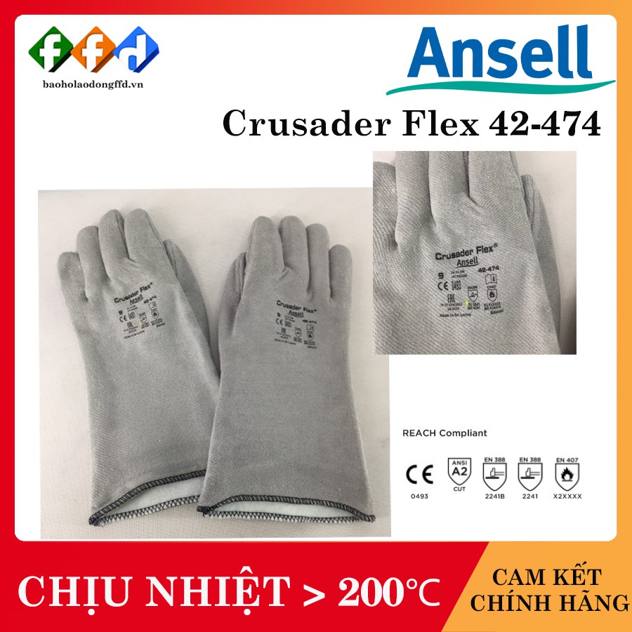 Găng tay chịu nhiệt Ansell Crusader Flex 42-474 chống cháy chịu nhiệt trên 200 độ, dùng trong cơ khí, luyện kim, nhà bếp