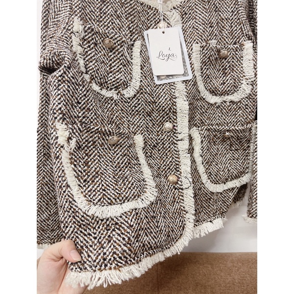 [Sẵn] Áo dạ tweed tua rua cổ tròn cúc ngọc, áo khoác dạ hàn Quảng Châu (ảnh thật)