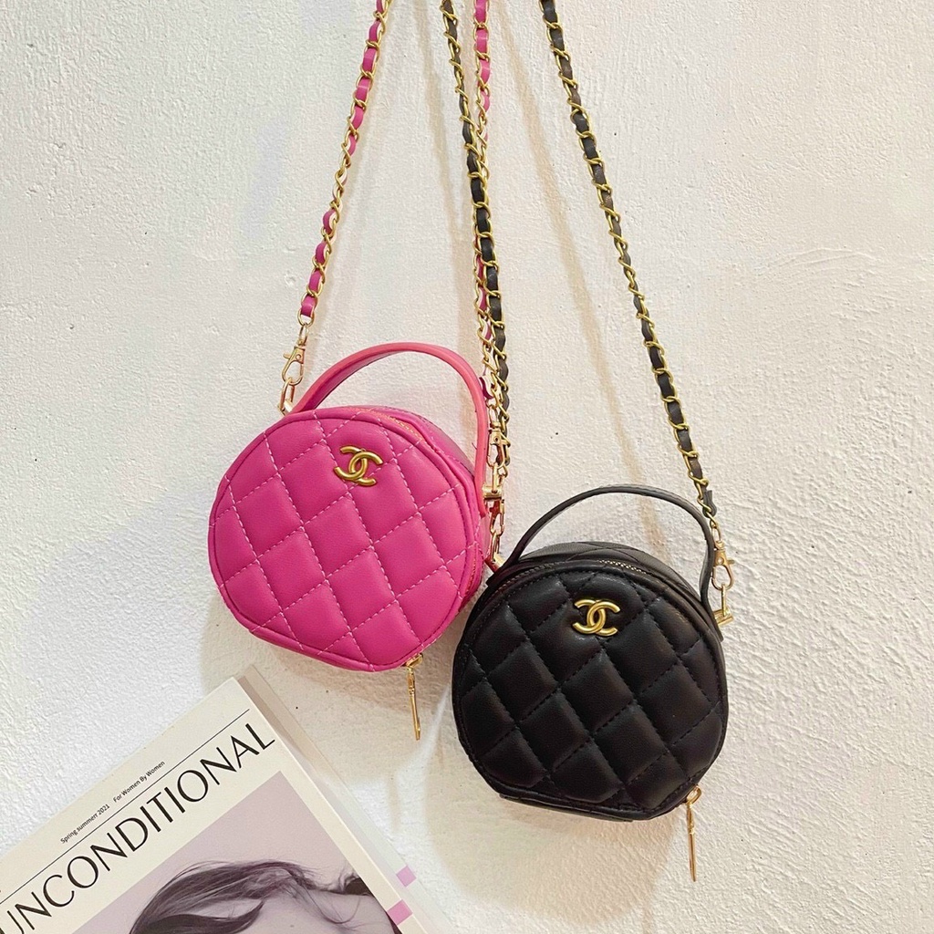 Túi đeo chéo nữ cốp chanel tròn mini size 16 có 2 màu hồng đen