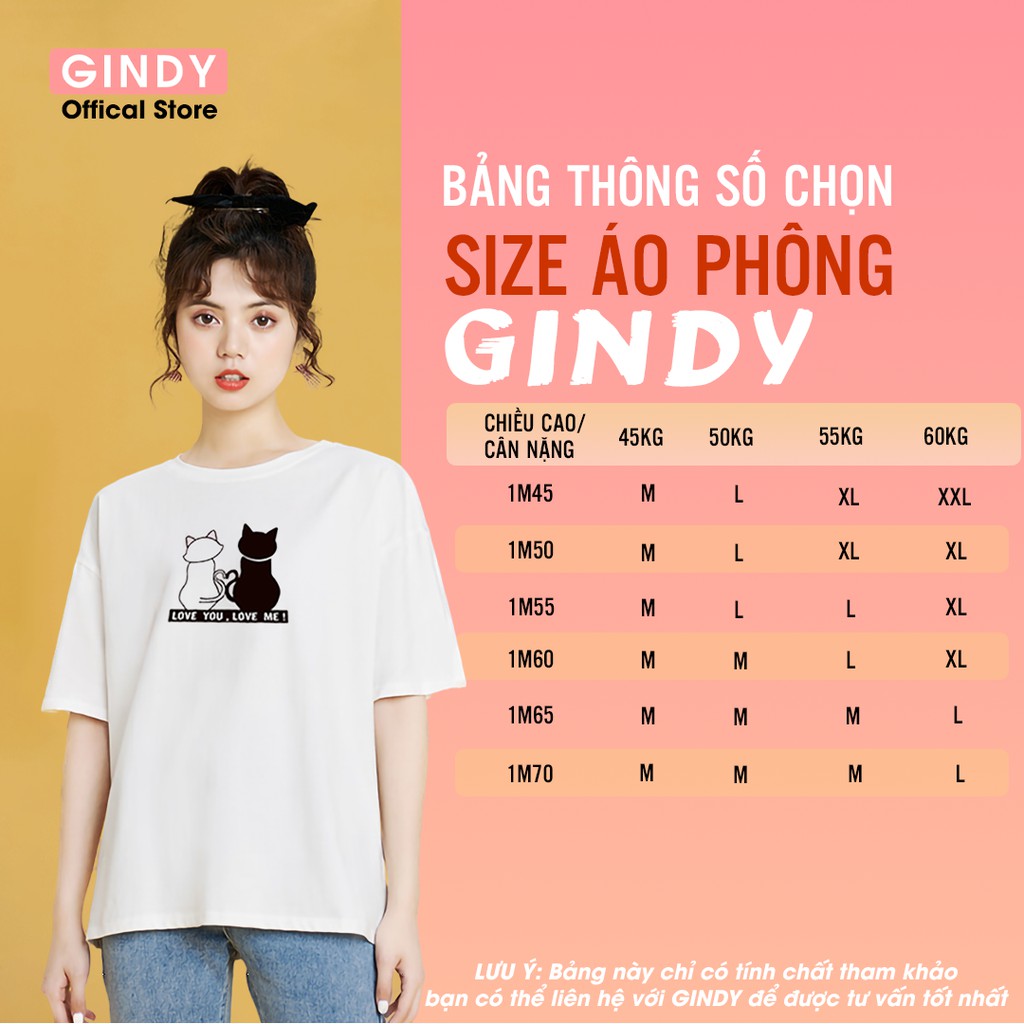 Áo phông cổ tròn nữ dáng unisex GINDY COUPLE CAT basic tay lỡ in hình chất  thun lạnh co giãn 4 chiều A068