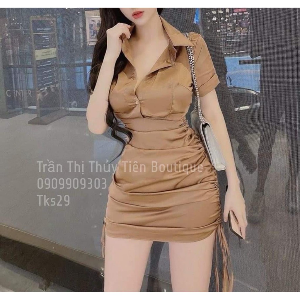 Váy lụa hàn rúm thân cổ đức rút dây MSOF3