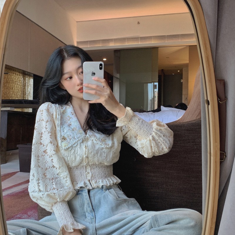 Áo sơ mi Croptop tay phồng phối ren cực lên dáng chuẩn phong cách Hàn Quốc