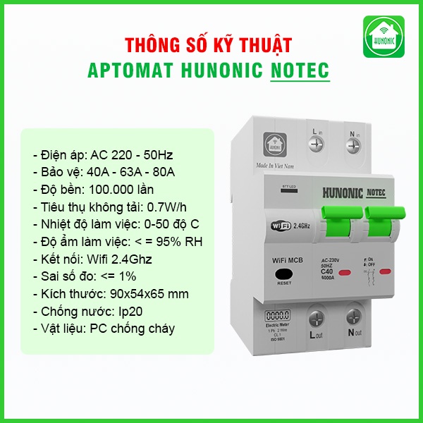 Aptomat Đo Năng Lượng thông minh Wifi Hunonic Notec - Hàng chính hãng