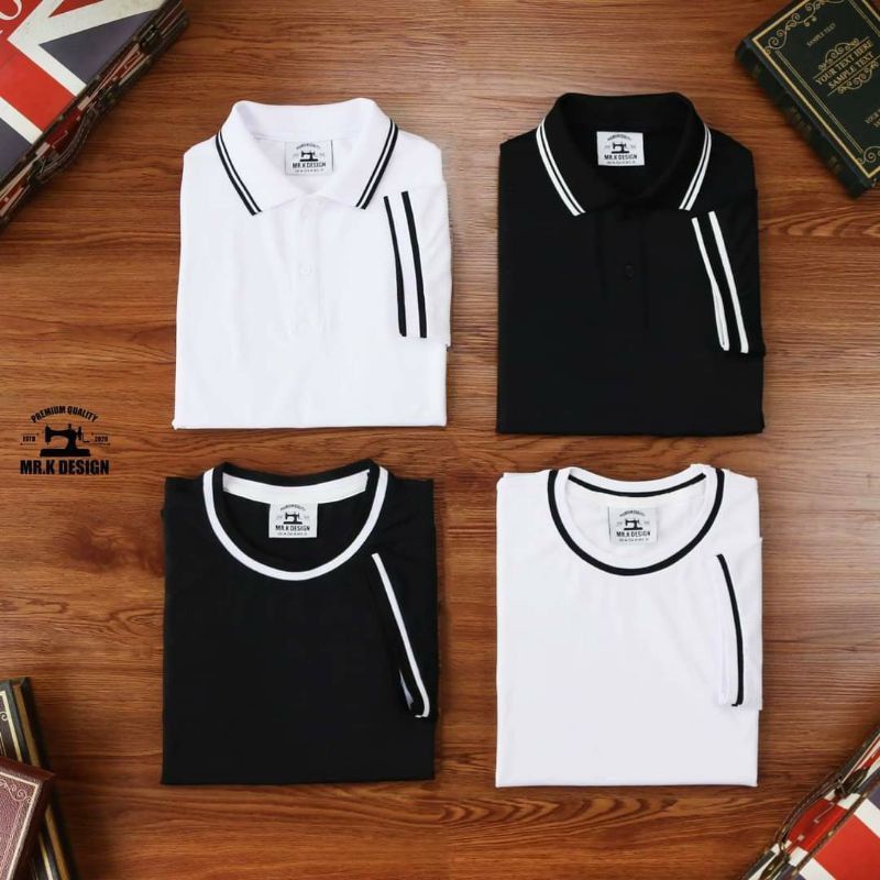 Áo thun Polo , cổ tròn tay ngắn NAM Mr.K  phối viền thời trang trẻ trung trắng và đen