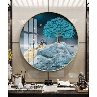 Tranh Tròn đôi Hươu bên Suối Tráng Gương in UV đường kính 60cm
