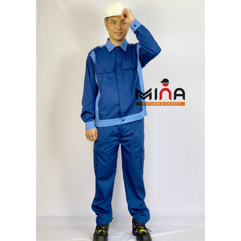Quần áo bảo hộ lao động - bộ quần áo bảo hộ Pangrim ghi phối xanh - vải kaki dày dặn - Quần túi hộp