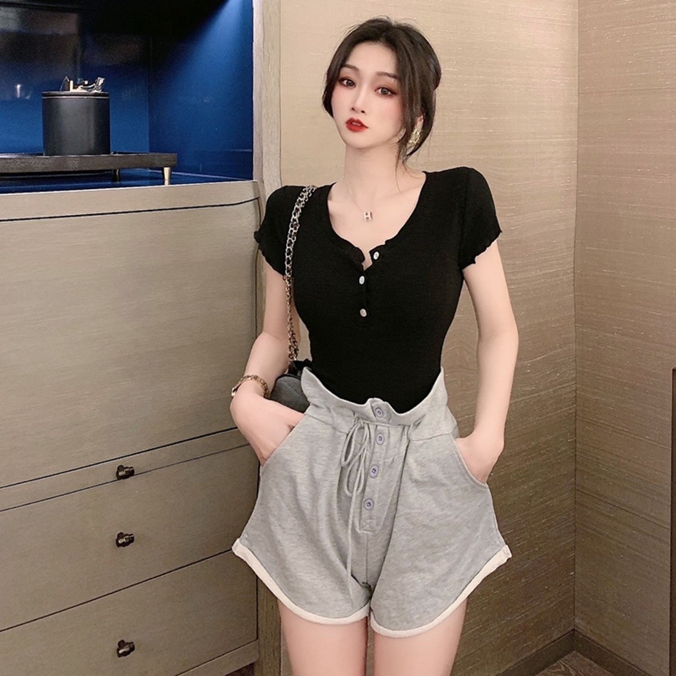 Áo Dệt Kim Ngắn Tay Cổ Chữ V Gợi Cảm