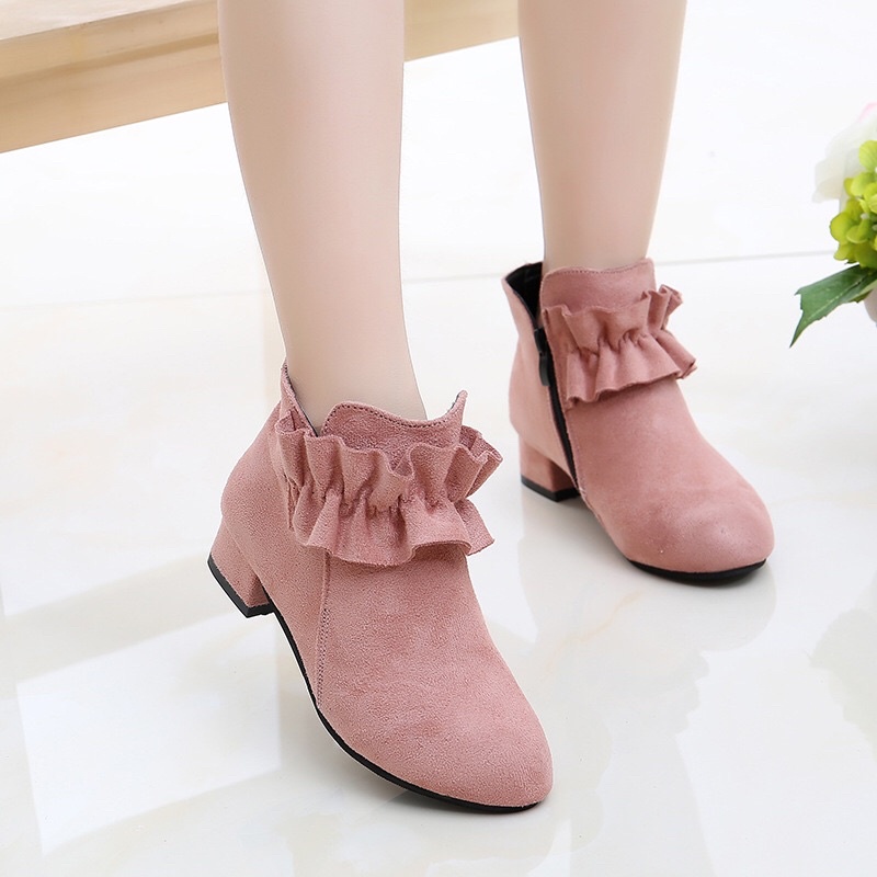 Giày bốt gót cao thời trang Anh Quốc chất dạ xinh xắn dành cho bé gái 3-18 tuổi size 27-37 màu Đen Đỏ Hồng Boots trẻ em
