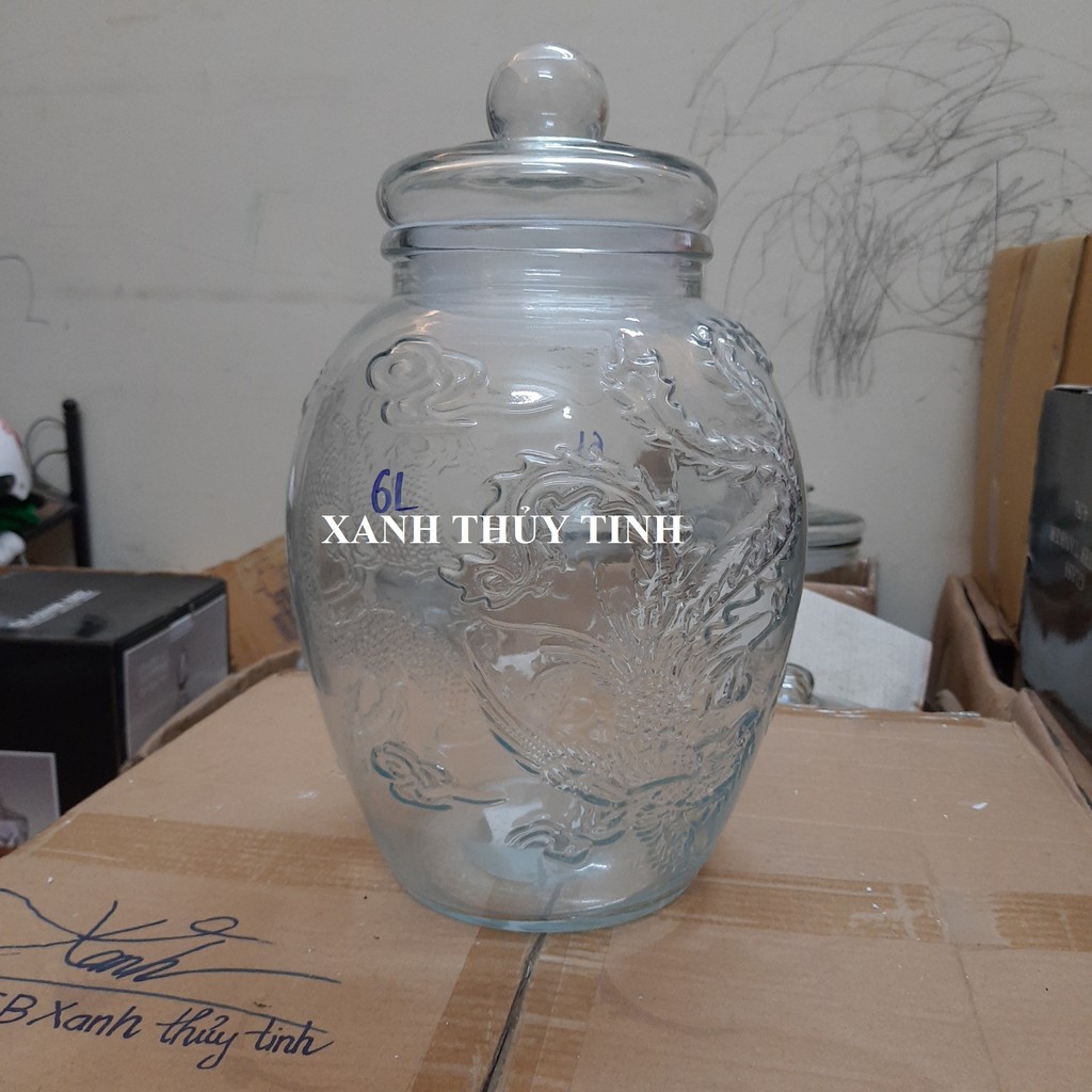 Chum thủy tinh họa tiết rồng phượng, dày dặn - Dung tích - 6 lít