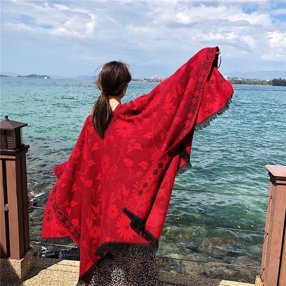 Khăn choàng len mùa đông cực dày cực ấm mặc như áo choàng size 155*130cm - Mã LE32