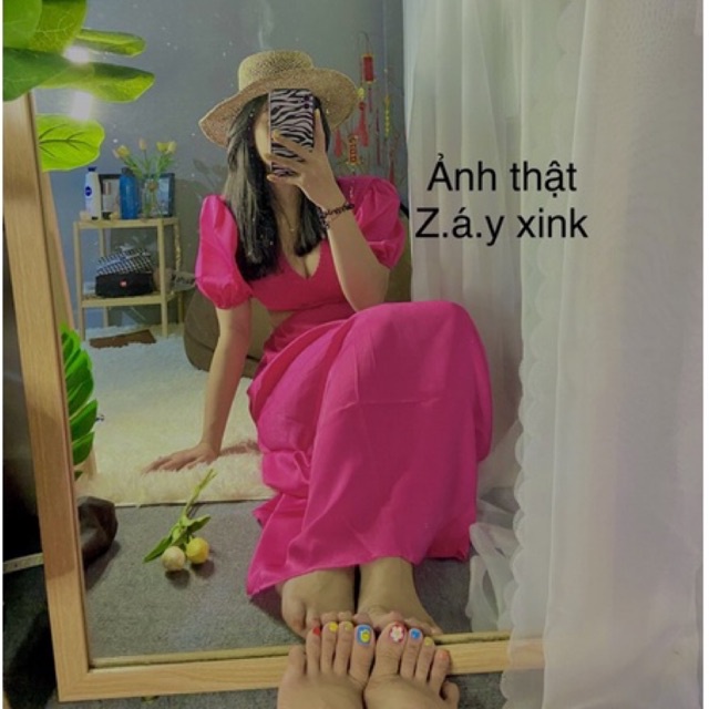 /order taobao/ Đầm Maxi Cổ V Khoét Eo Vải Lụa Nhũ