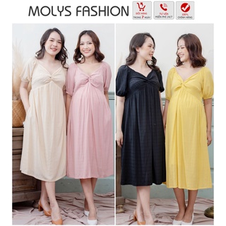 Đầm bầu thiết kếcó khóa cho con bú, vắt sữa tại công sở Molys M217 vải đũi kẻ ô chìm, xoắn ngực tôn dáng size đến 80kg