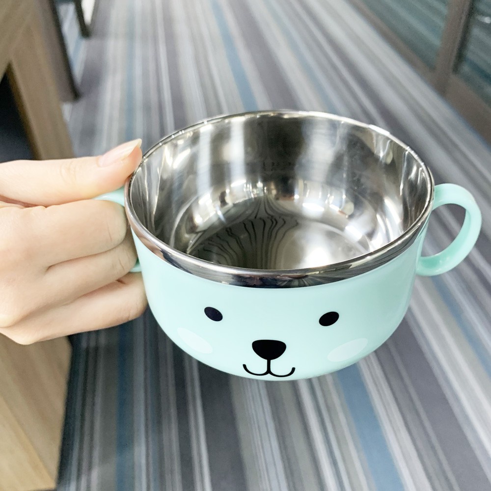 Bát ăn dặm cho be bộ chén inox kèm thìa kiểu Nhật trai gái hình gấu xanh hồng 2X MART
