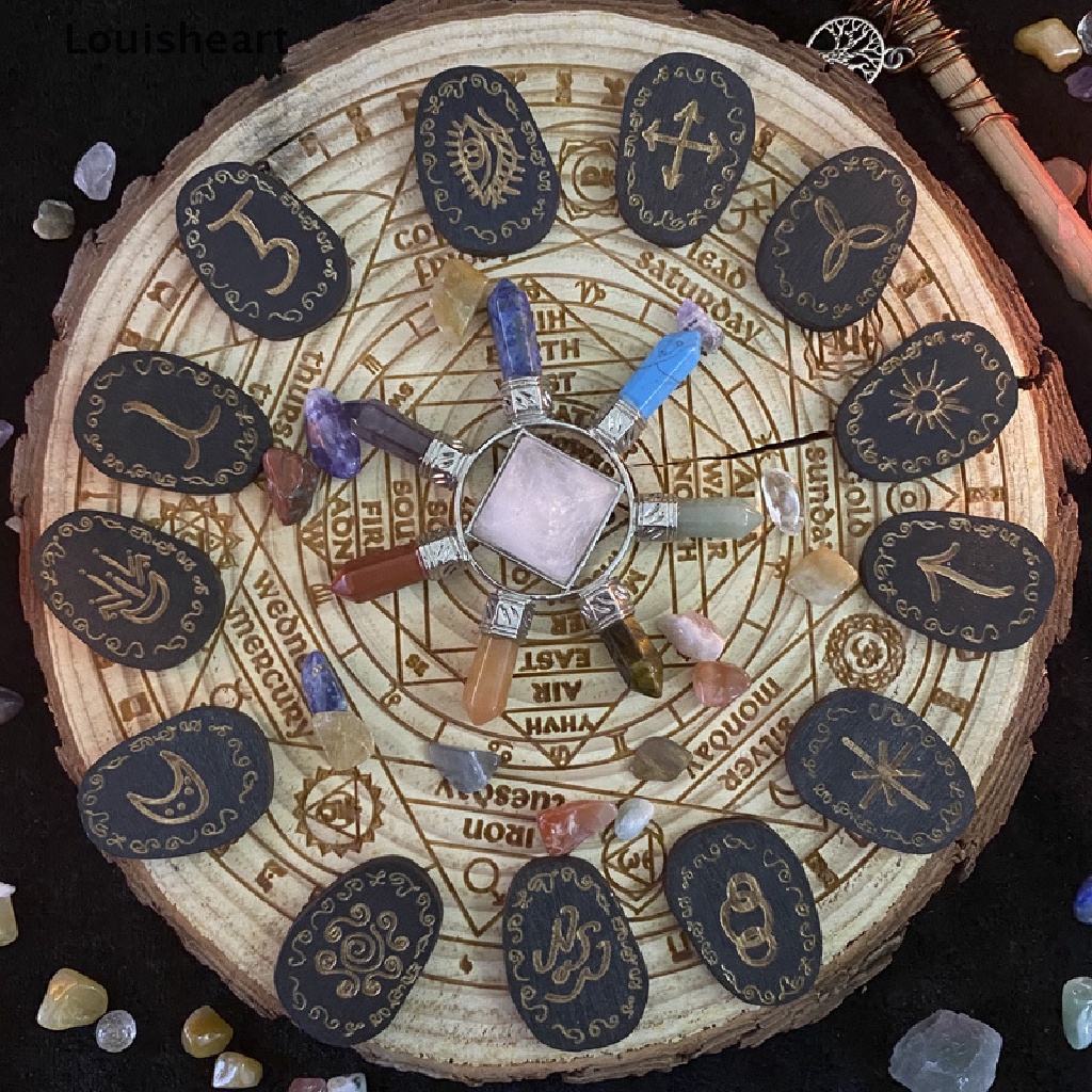 Louisheart Wood Runes Stone Set Witches Rune Set 14 PCS Engraved Rune Symbol for Divination TFG