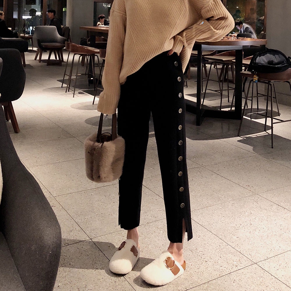 Quần Lửng Dệt Kim Eo Cao Xẻ Tà Cài Khuy Trẻ Trung Hợp Thời Trang