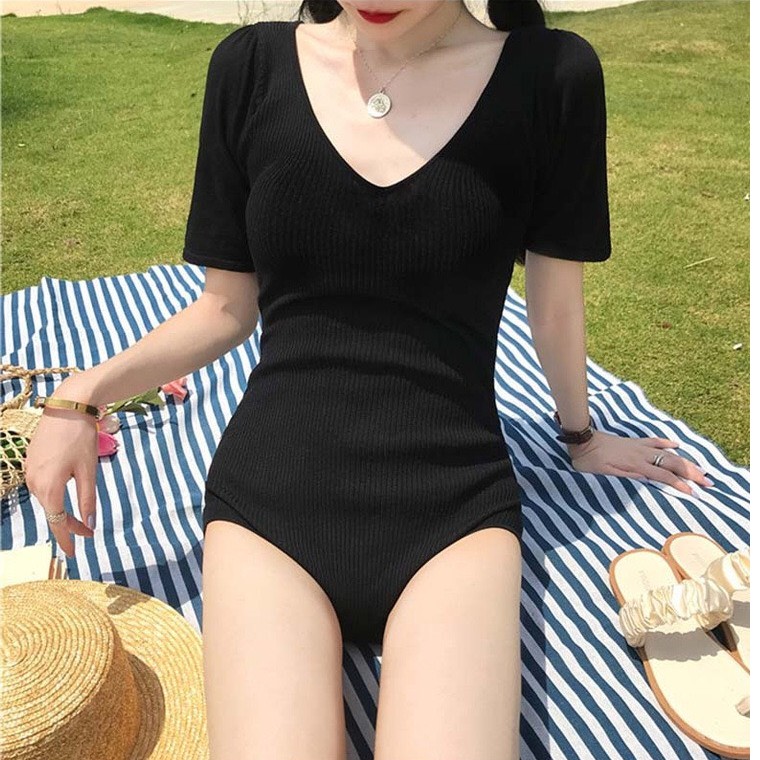 [LOẠI ĐẸP + HÌNH THẬT] Set bikini 1 mảnh tay ngắn khoét lưng THUN GÂN (có sẵn mút ngực) | BigBuy360 - bigbuy360.vn