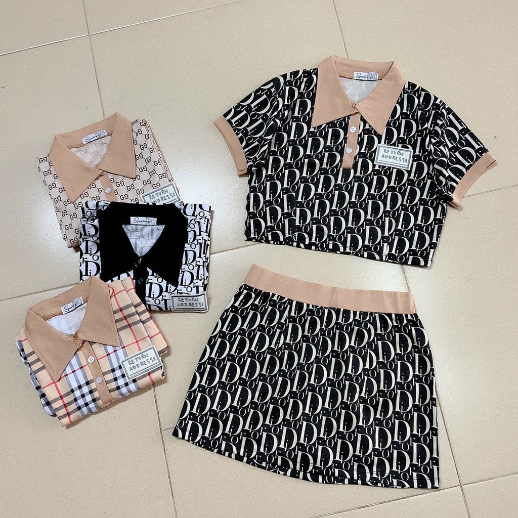 set bộ BB áo croptop cỏ bẻ chân váy dáng A họa tiết chữ sang ảnh thật coton mềm