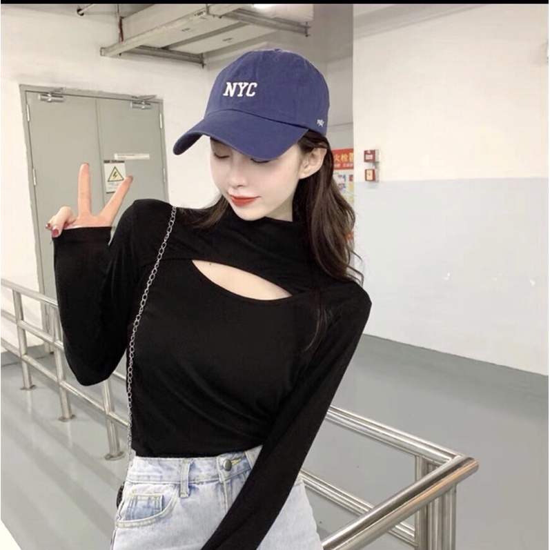 Áo kiểu thun croptop nữ tay dài cổ lọ khoét ngực