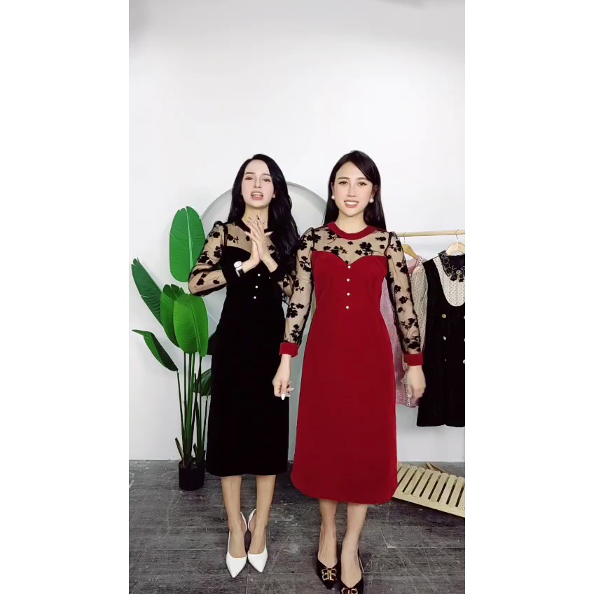 Váy công sở - Đầm dự tiệc tuyết nhung cổ ren hoa tay dài, gọn người K31.1