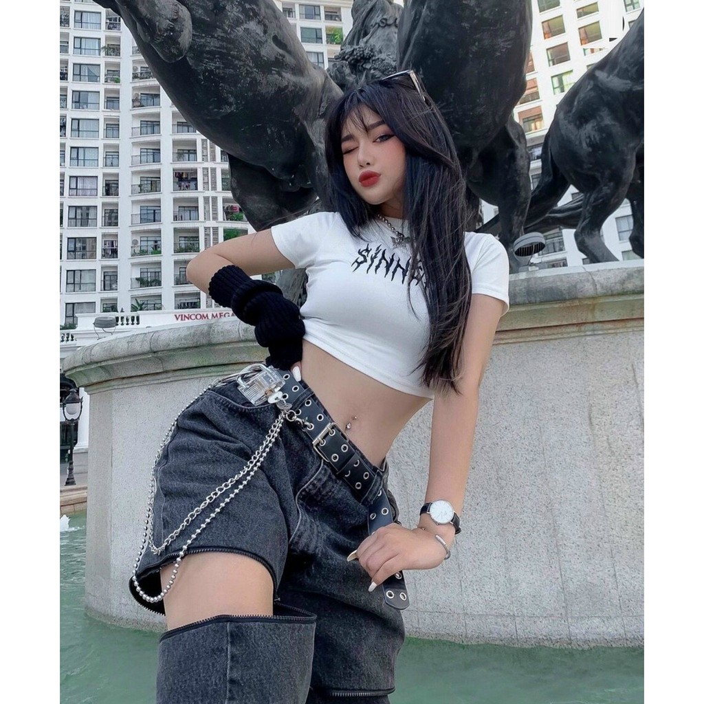 Áo croptop SINNER  Swag Girl ACON 208 cá tính, áo thun kiểu nữ crop ngầu cool, form ôm ngắn, in hình độc lạ trắng đen