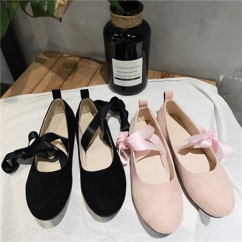 Giày Búp Bê Buộc Dây Màu Đen / Hồng Nhạt Dễ Thương | BigBuy360 - bigbuy360.vn