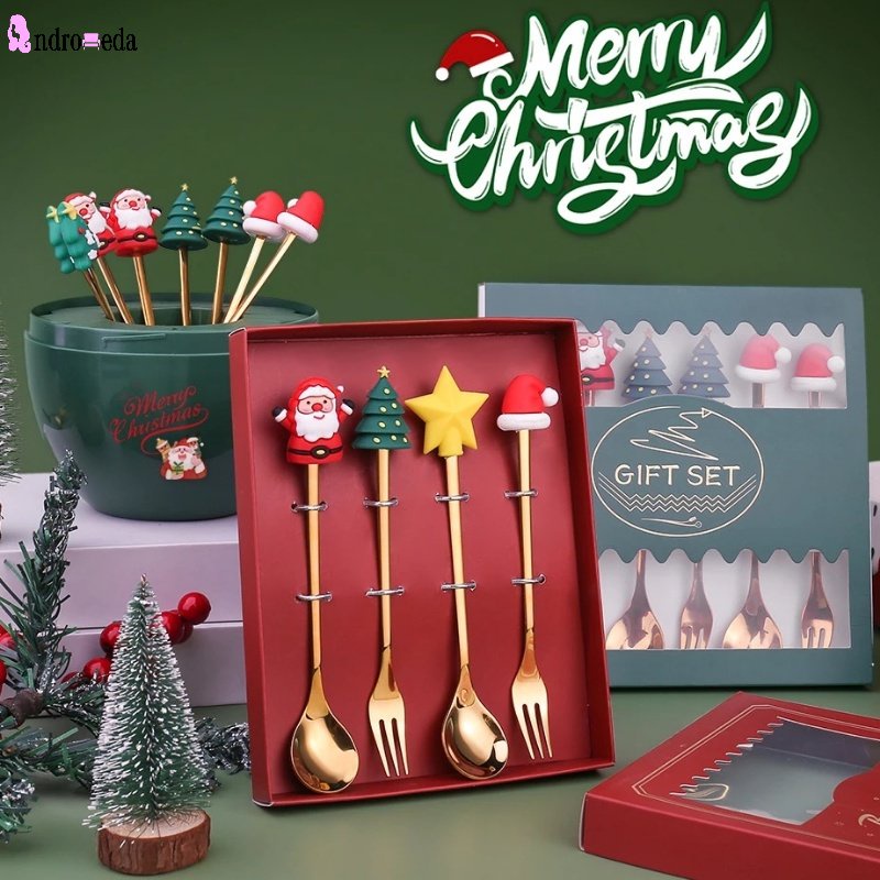 Bộ 4 / 6 Muỗng Nĩa Hình Ông Già Noel Hoạt Hình Dễ Thương Kèm Hộp Quà Trang Trí Bàn Ăn