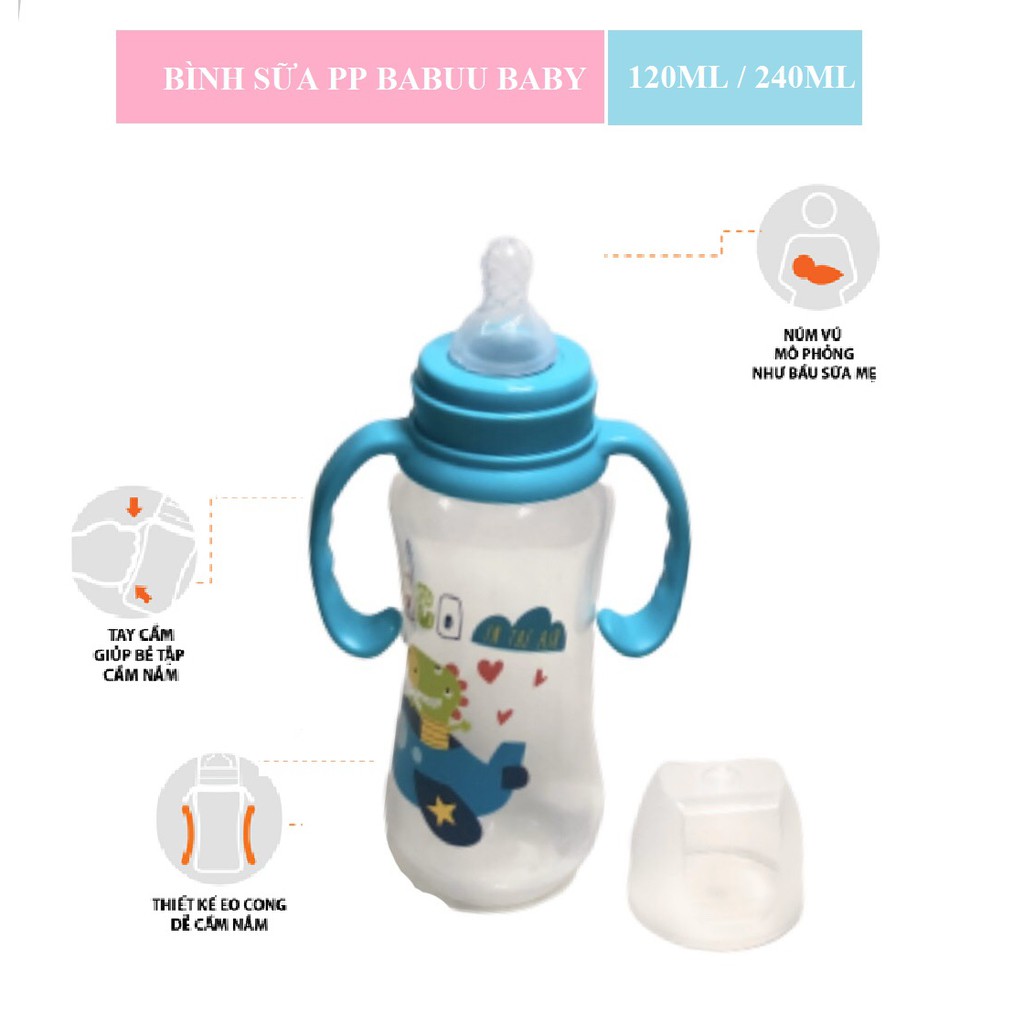 Bình sữa cổ thường PP, núm silicon kèm tay cầm 120ml/240ml Babu Baby Nhật Bản BB179235