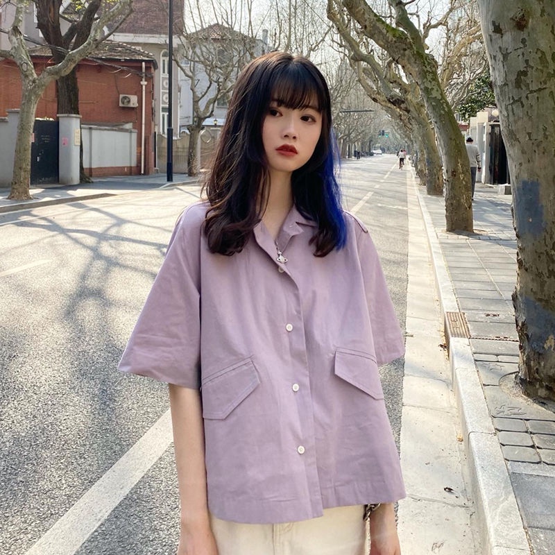 Áo Sơ Mi Nữ Tay Ngắn Màu Tím Thời Trang Hàn Quốc