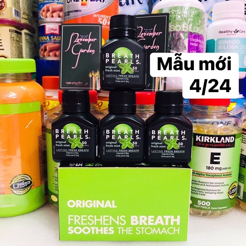 Viên thơm miệng thảo dược Breath pearls 50 viên Chính hãng Úc, giảm hôi miệng cho người lớn, phụ nữ và bé trên 6 tuổi