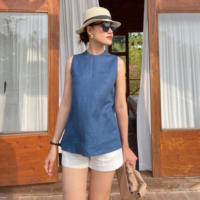 Set bộ linen sát nách màu xanh đá trẻ trung, chất vải linen mềm mát, thích hợp du lịch dã ngoại