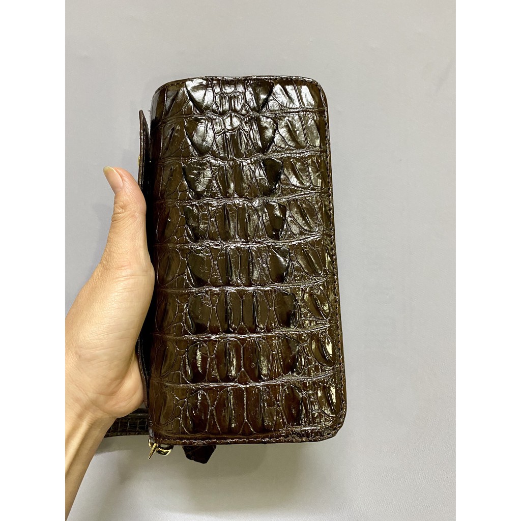 VÍ CẦM TAY NGUYÊN CON CÁ SẤU THẬT 100% 2 DÂY KÉO 22X12CM