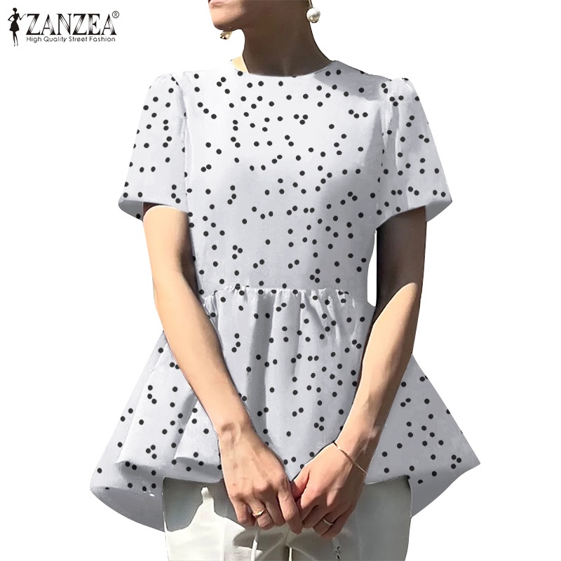 Zanzea Áo Nữ Tay Ngắn Cổ Tròn Họa Tiết Chấm Bi Phong Cách Châu Âu Thanh Lịch