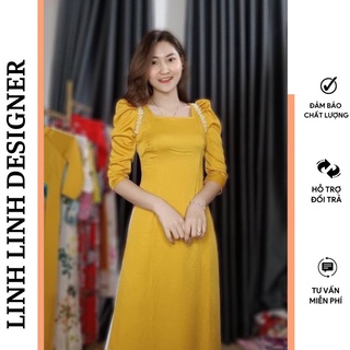 Áo dài thời trang cổ vuông tay phồng, chất liệu lụa tây thi loại 1, co giãn tốt